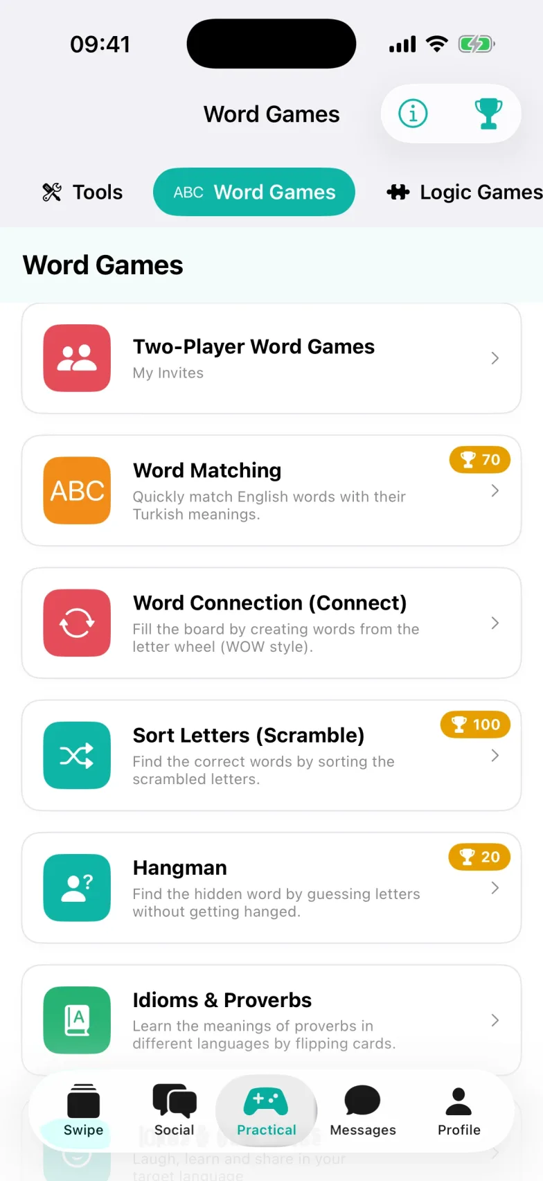 Learning hub: word of the day, grammar course, daily quest